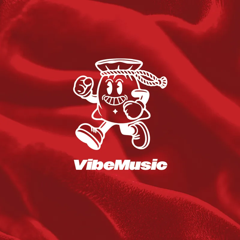 Mascota de VibeMusic corriendo sobre fondo de tela roja